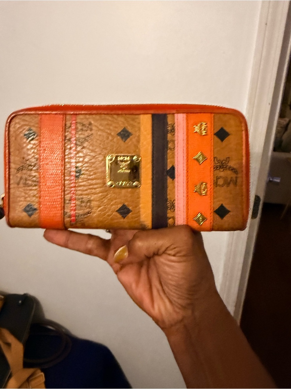 MCM Cognac Wallet with Orange Trim and Gold Accents